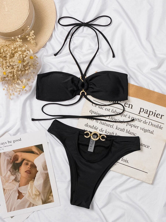 Bikini bandeau bohème noir avec ficelles autour du ventre Ibiza Vibe