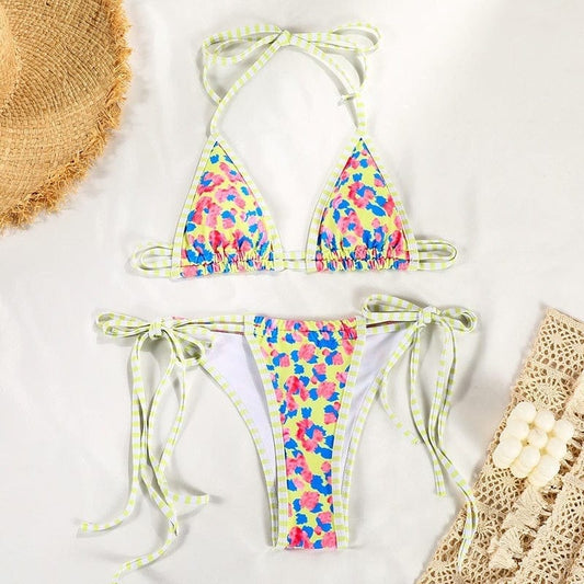 Bikini bohème à imprimé floral bleu et jaune Ibiza Vibe