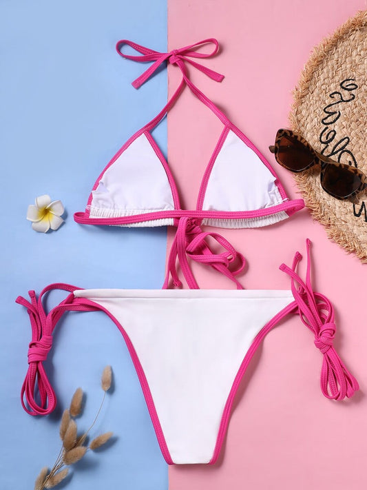 Bikini bohème blanc avec bords et ficelles roses Ibiza Vibe