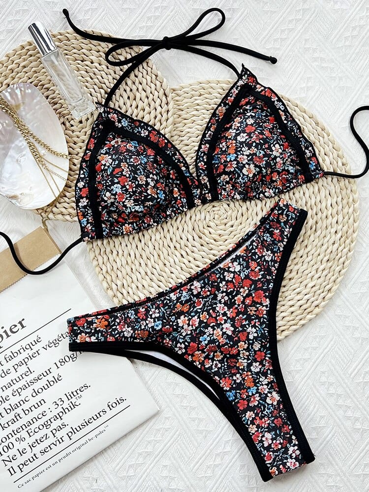 Bikini bohème noir à imprimé floral Ibiza Vibe