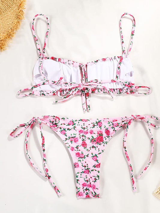 Bikini bohème sexy à imprimé floral rose Ibiza Vibe