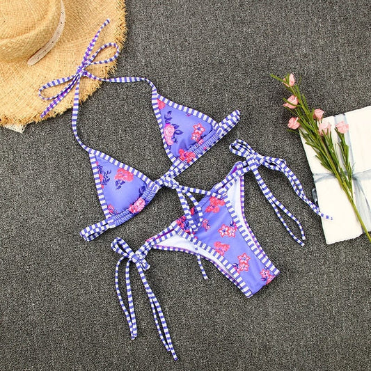 Bikini bohème violet à imprimé floral rose Ibiza Vibe