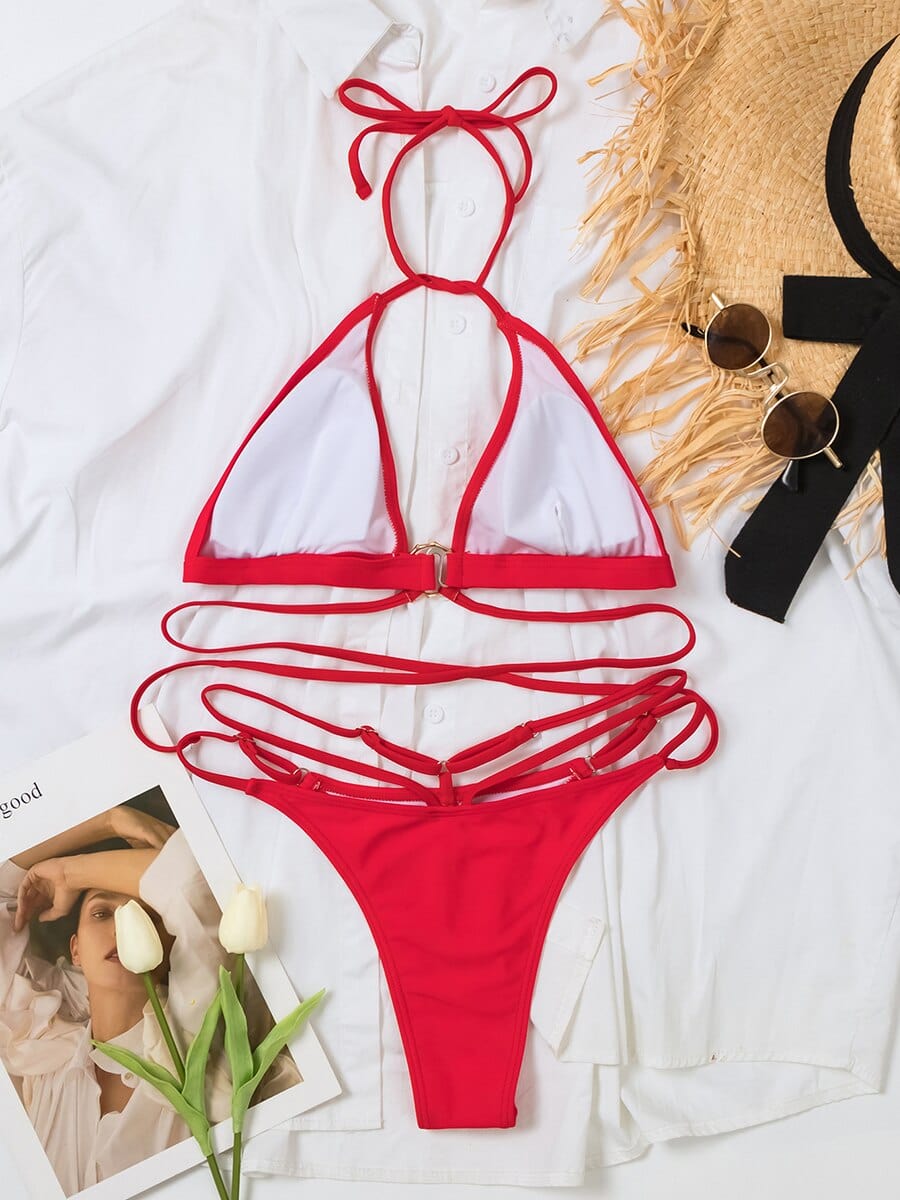 Bikini rouge avec ficelles autour du ventre Ibiza Vibe