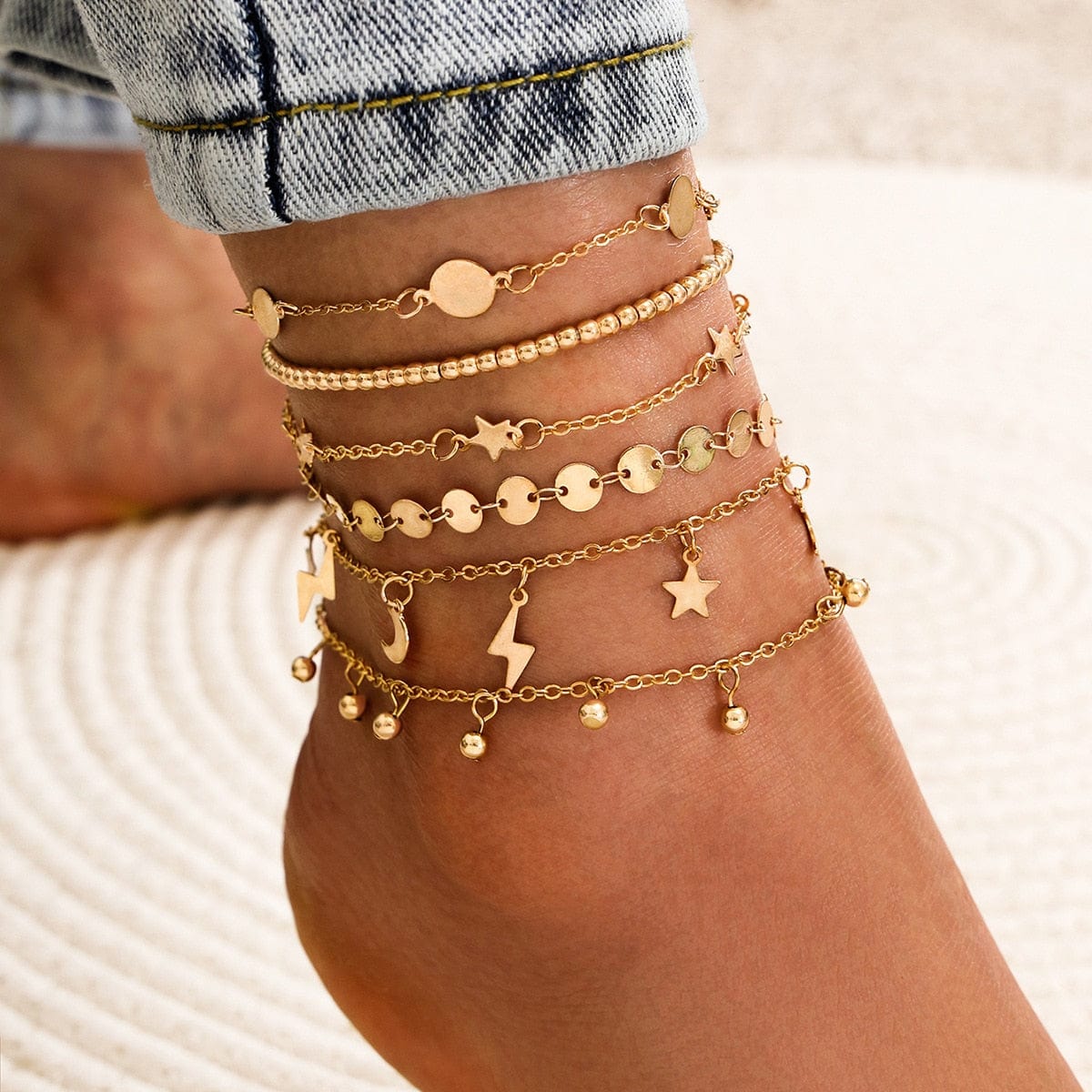 Ensemble de bracelets de cheville étoiles dorées et éclairs Ibiza Vibe