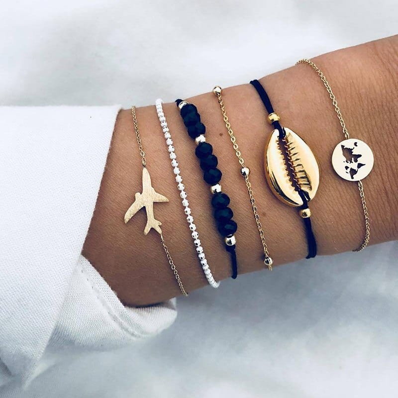 Ensemble de bracelets noirs avec breloque avion Ibiza Vibe
