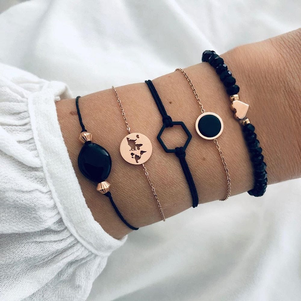 Ensemble de bracelets noirs avec breloque globe Ibiza Vibe
