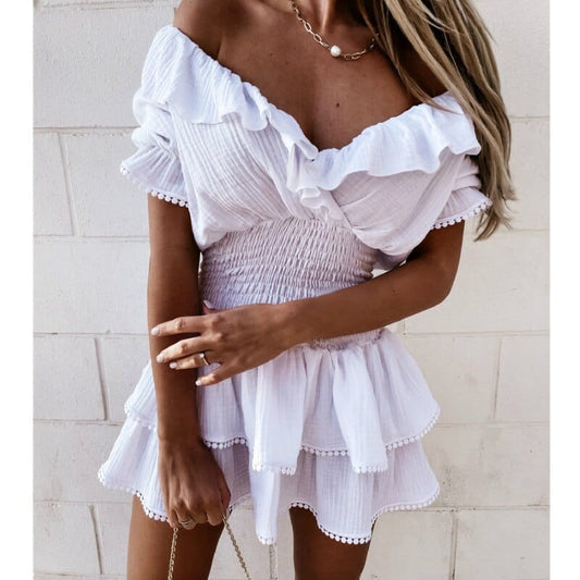 Robe blanche à volants et épaules dénudées noire Ibiza Vibe
