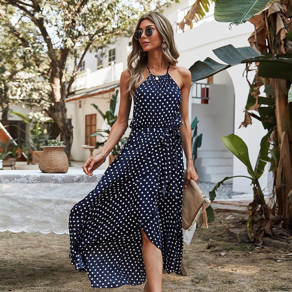 Robe bohème à pois et bretelles spaghetti Ibiza Vibe