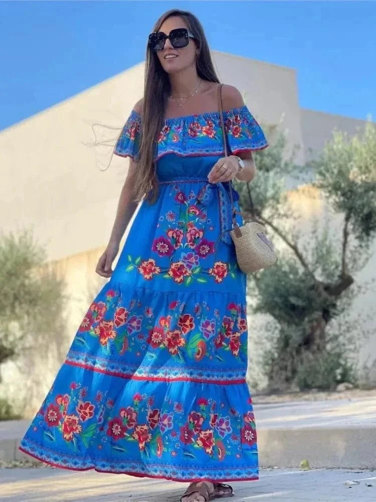 Robe bohème bleue à imprimé floral Ibiza Vibe