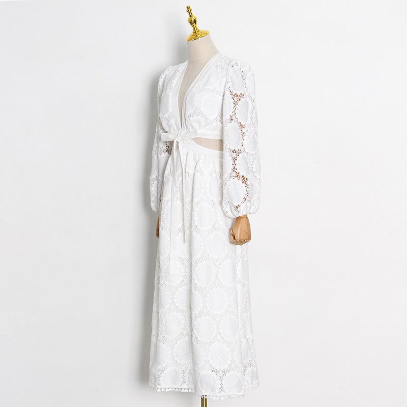 Robe bohème en dentelle blanche à manches longues Ibiza Vibe