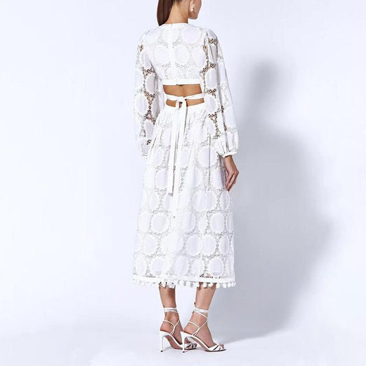 Robe bohème en dentelle blanche à manches longues Ibiza Vibe
