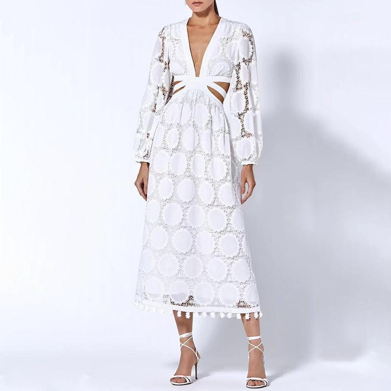 Robe bohème en dentelle blanche à manches longues Ibiza Vibe