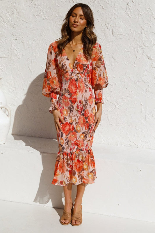 Robe bohème fleurie orange à manches longues Ibiza Vibe