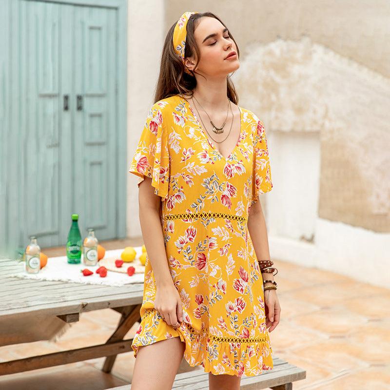 Robe bohème jaune à imprimé floral Ibiza Vibe