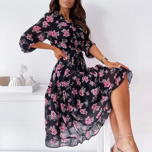 Robe bohème noire à fleurs roses Ibiza Vibe