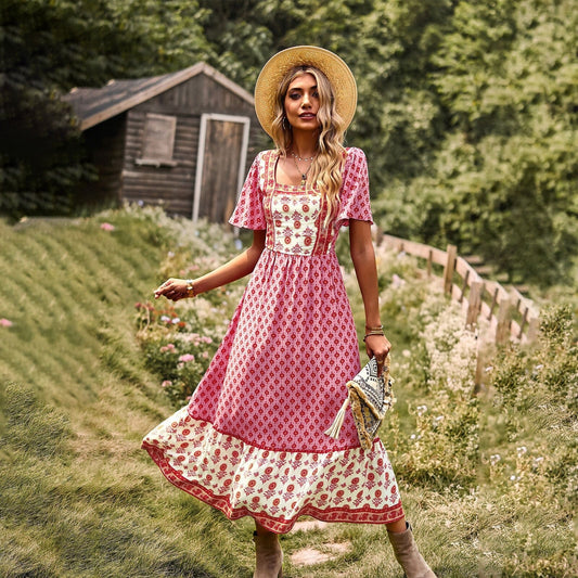 Robe bohème rose à imprimé style hippie Ibiza Vibe