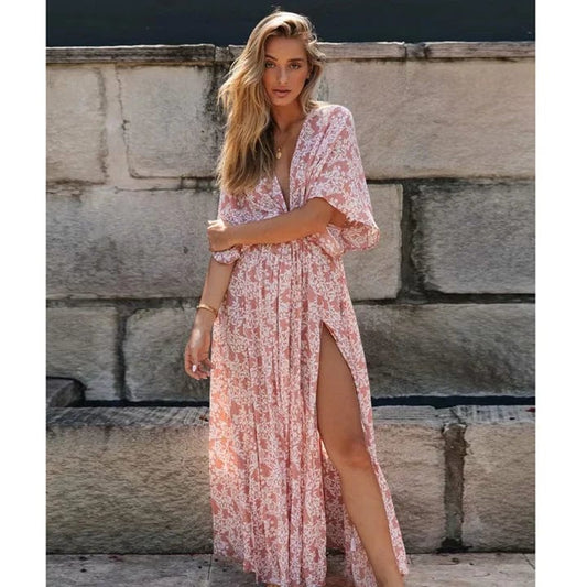 Robe bohème rose poudré à imprimé Ibiza Vibe