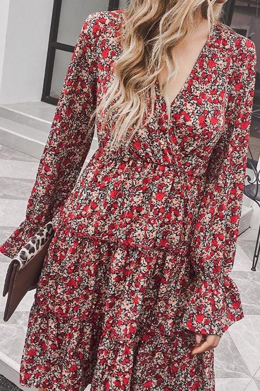 Robe courte rouge à imprimé floral et manches longues Ibiza Vibe