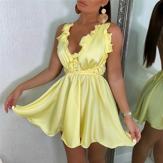 Robe d'été jaune à col en V et dos ouvert Ibiza Vibe