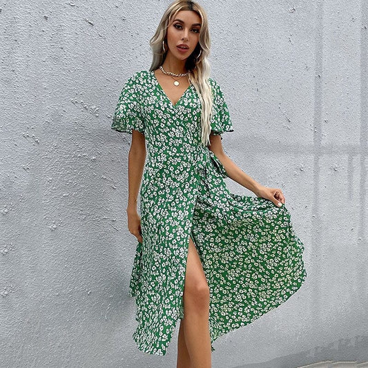 Robe d'été mi-longue verte à col en V Ibiza Vibe