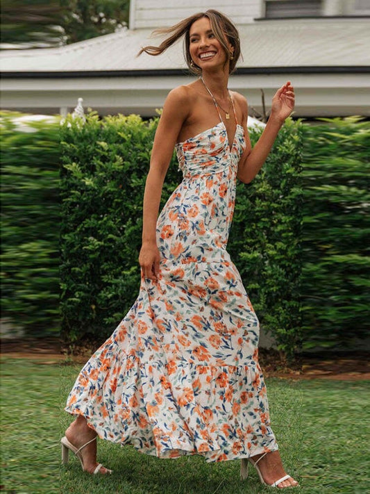 Robe d'été pour invitée de mariage à fleurs orange et col en V Ibiza Vibe