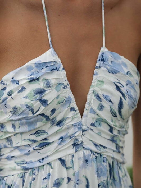 Robe d'été pour invitée de mariage, nuances bleues et col en V Ibiza Vibe