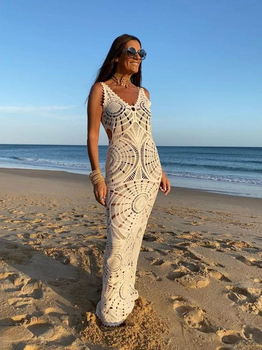 Robe de plage beige en crochet Ibiza Vibe