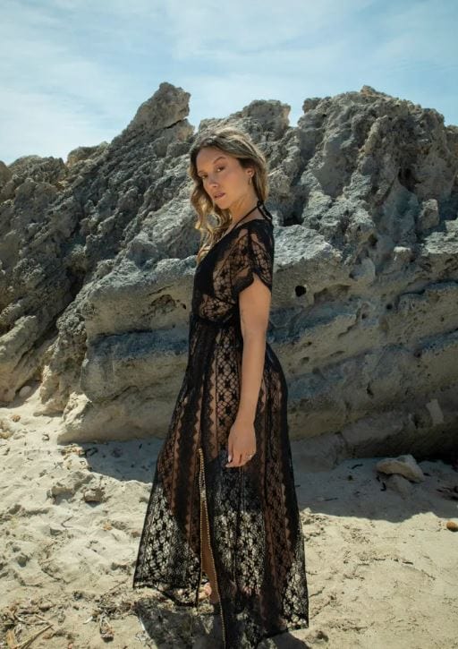 Robe de plage noire transparente à col en V Ibiza Vibe