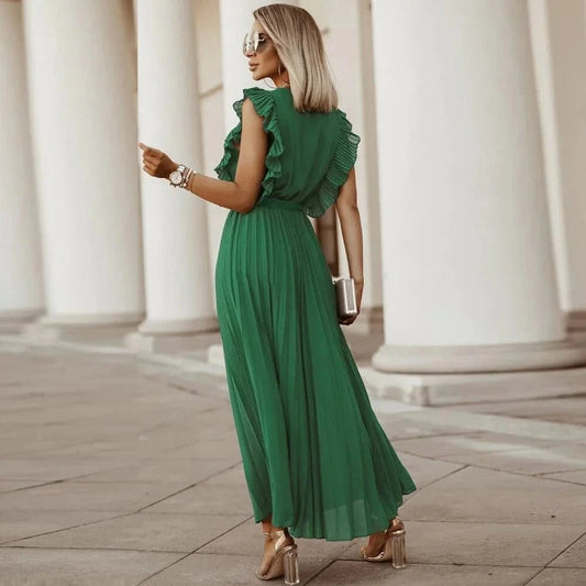 Robe de soirée bohème verte pour invité de mariage avec col en V Ibiza Vibe