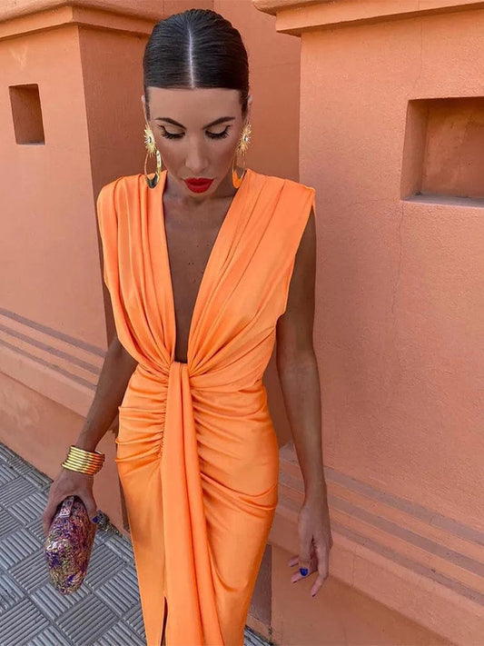 Robe espagnole orange à col en V Ibiza Vibe