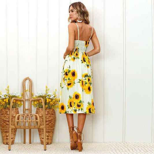 Robe fleurie jaune à bretelles spaghetti Ibiza Vibe