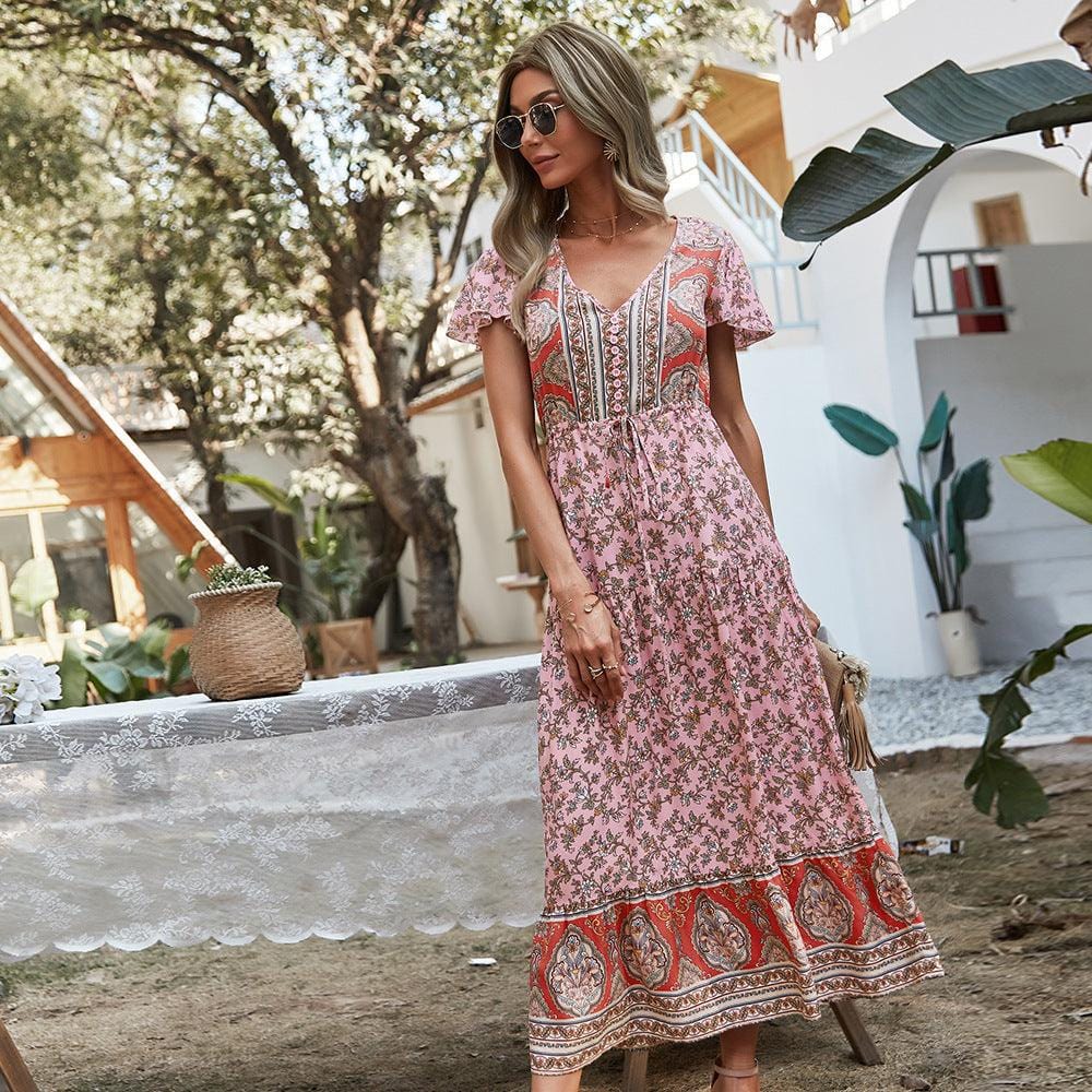 Robe fleurie rose bohème à manches courtes Ibiza Vibe