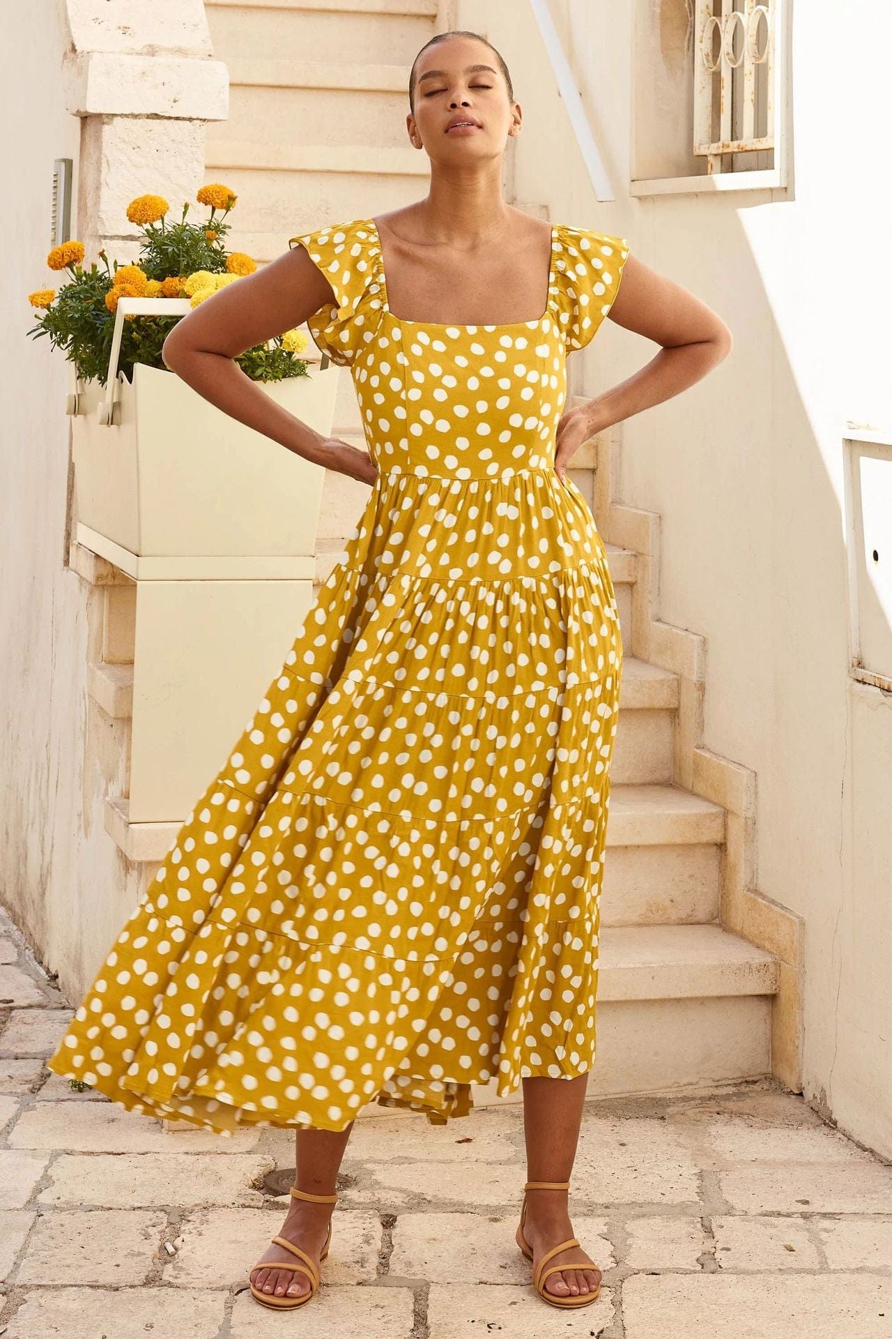 Robe jaune à manches papillon et imprimé Ibiza Vibe