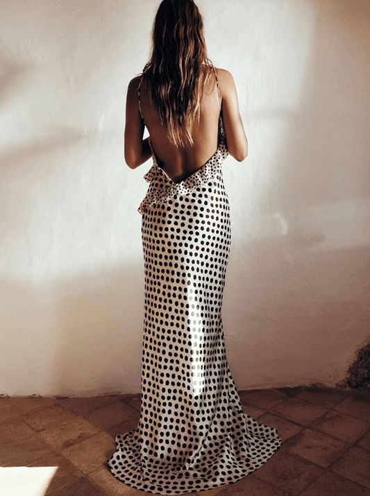 Robe longue à pois noirs et blancs Ibiza Vibe