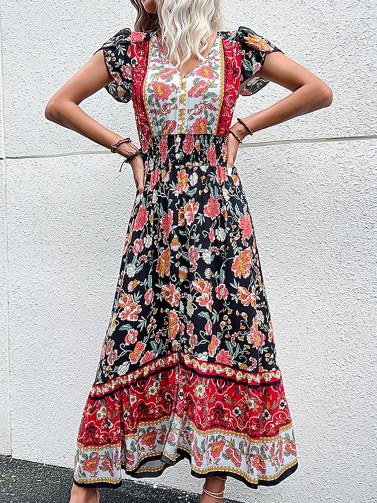 Robe longue bohème à imprimé style bohème et col en V Ibiza Vibe
