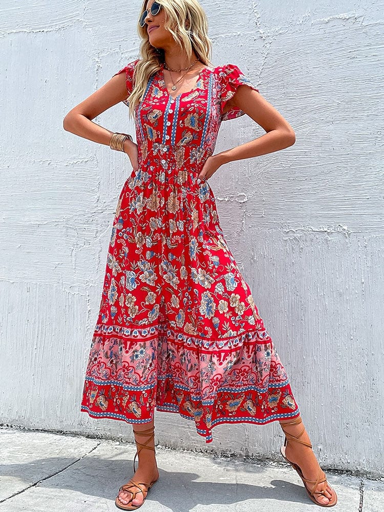 Robe longue bohème à imprimé style bohème et col en V rouge Ibiza Vibe