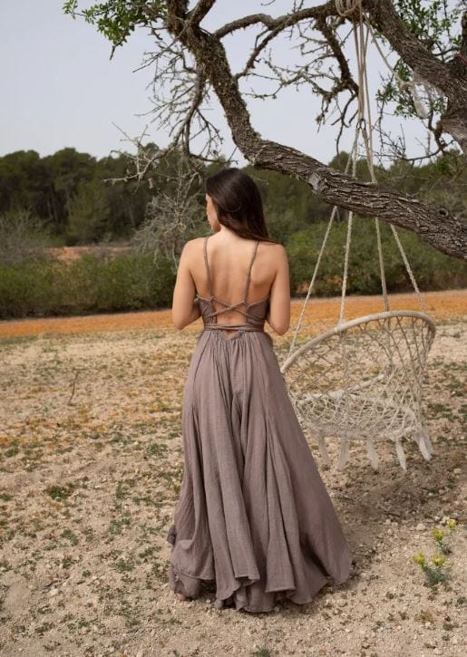 Robe longue bohème marron à franges Ibiza Vibe