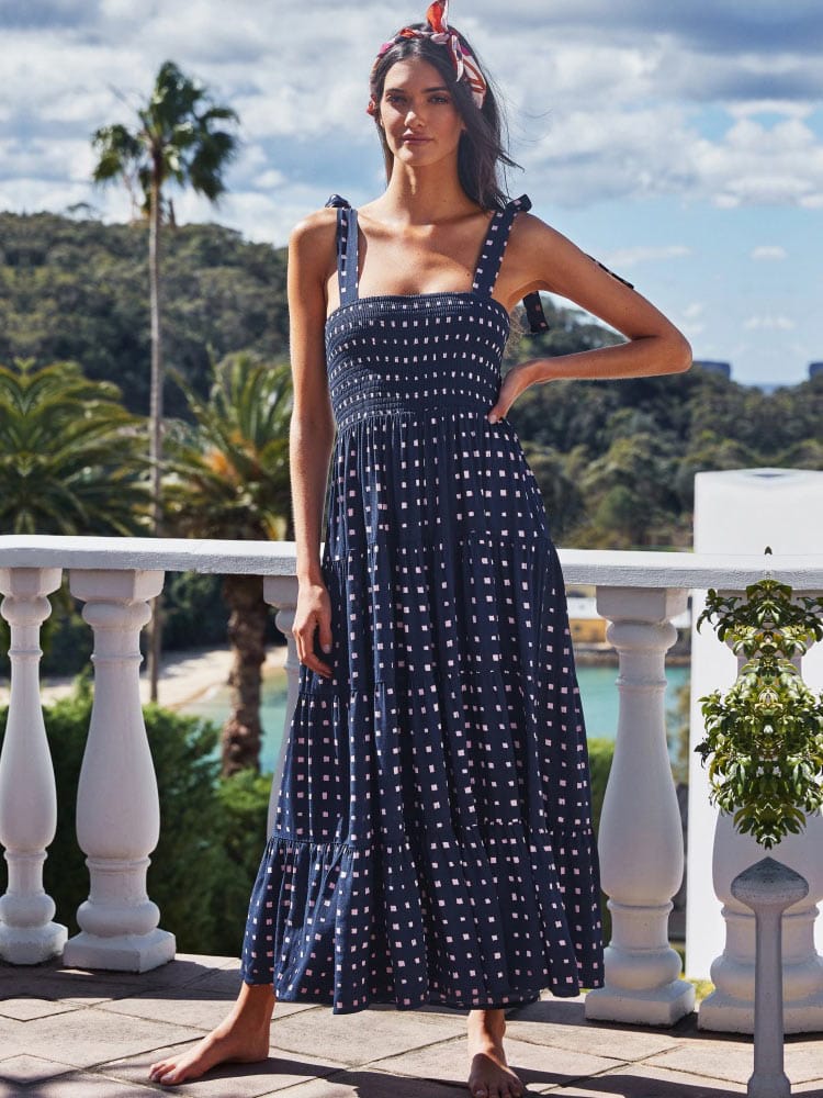 Robe longue d'été bleu foncé style bohème avec imprimé Ibiza Vibe