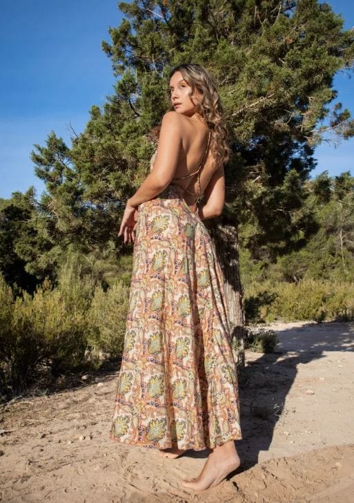 Robe longue imprimée style bohème avec col en V et dos ouvert Ibiza Vibe
