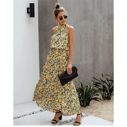 Robe longue jaune à fleurs bohème Ibiza Vibe