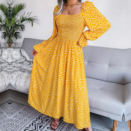 Robe longue jaune élégante à manches longues et imprimé bohème Ibiza Vibe