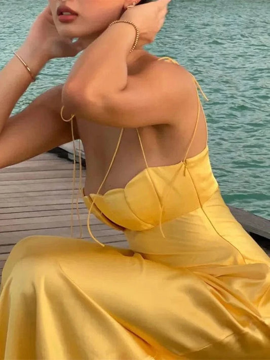 Robe longue jaune pour invité de mariage, style bohème Chic Ibiza Vibe