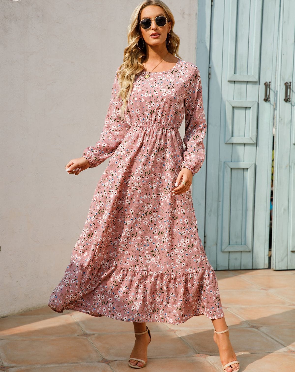 Robe longue rose à manches longues et imprimé floral Ibiza Vibe