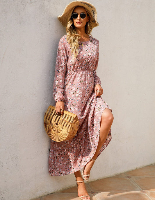 Robe longue rose à manches longues et imprimé floral Ibiza Vibe