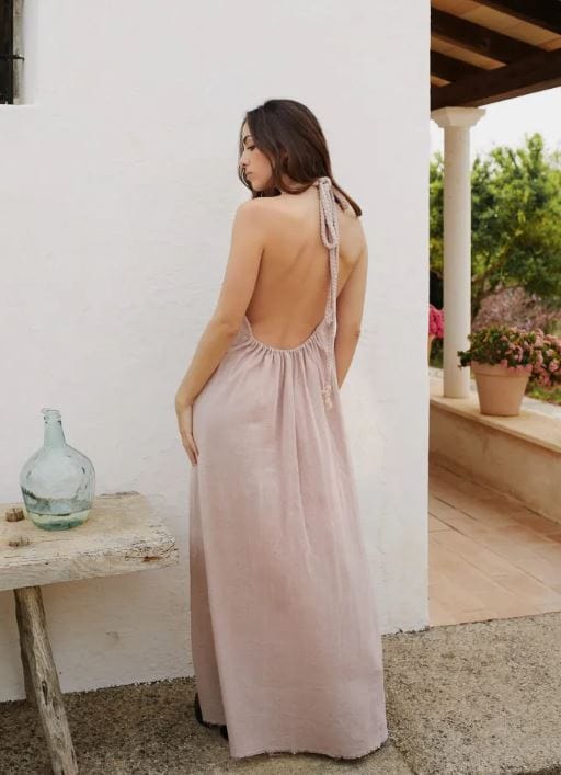 Robe longue rose clair à col en V et dos ouvert Ibiza Vibe