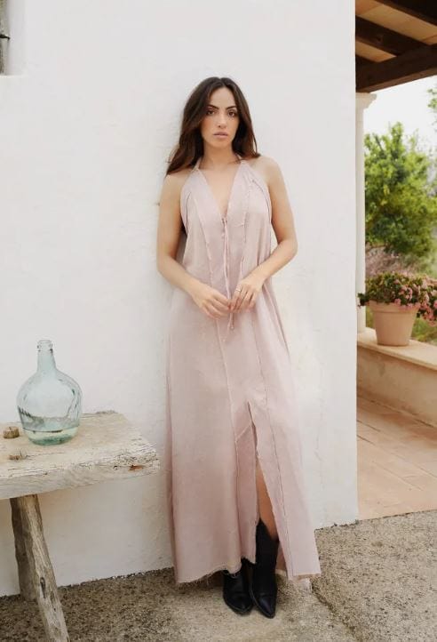 Robe longue rose clair à col en V et dos ouvert Ibiza Vibe