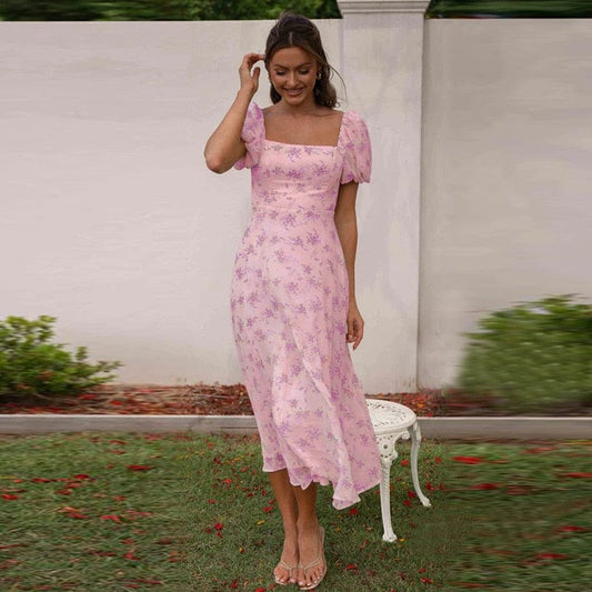 Robe longue rose clair à fleurs violettes Ibiza Vibe