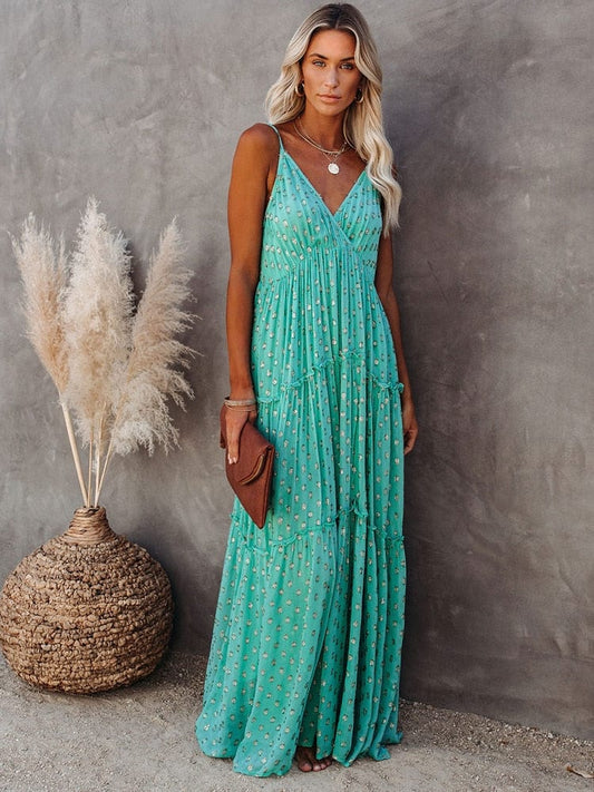 Robe longue verte à col en V et imprimé bohème estival Ibiza Vibe