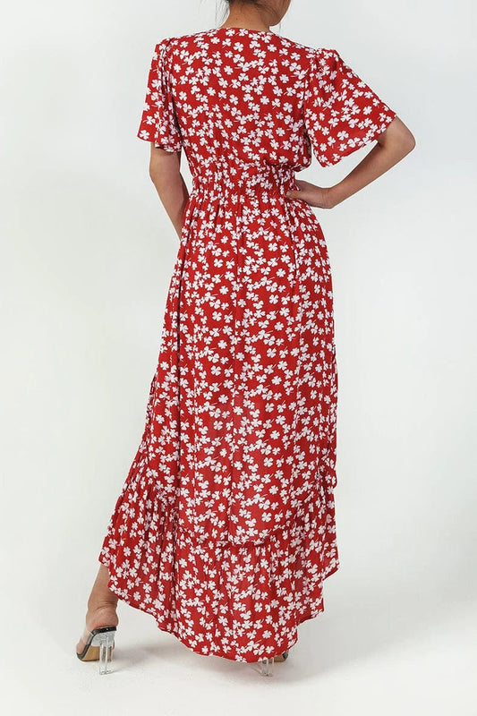 Robe mi-longue rouge à fleurs bohème Ibiza Vibe