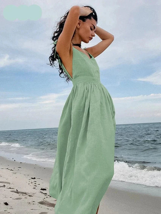 Robe midi en lin vert à bretelles spaghetti Ibiza Vibe